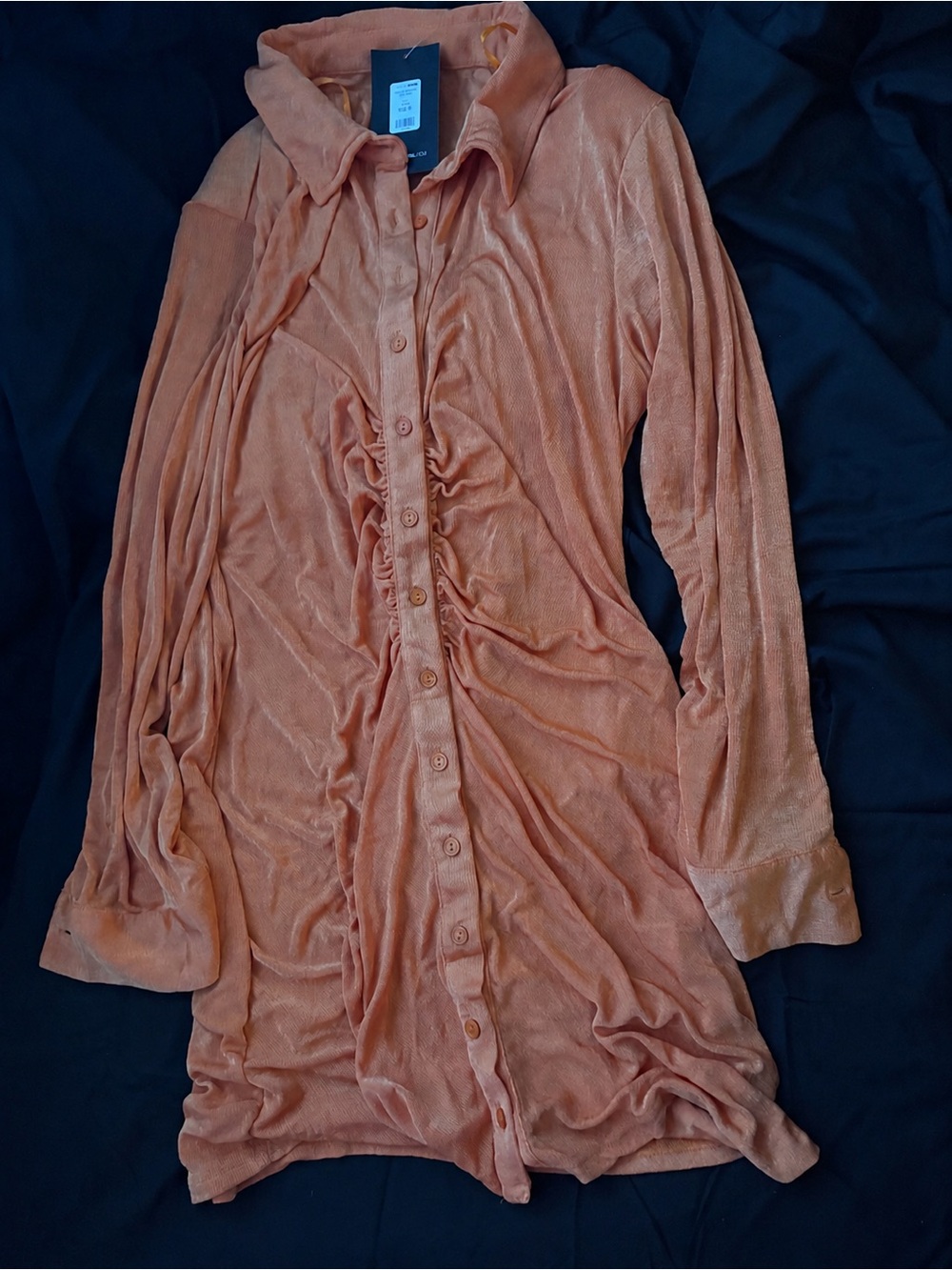 Fashion Nova Peach Long-Sleeve Ruched Button-Front Dress